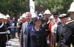 Baroness Margaret Thatcher meeting the Royal Marine bandsmen