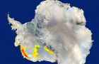 Areas of snow melt, shown in yellow and red, as seen by NASA's QuikScat satellite
