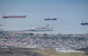View of Punta Arenas, port, Straight of Magellan, and Norwegian Dream cruise ship