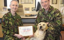 CBFSAI Air Commodore Gordon Moulds presents a very laid back <i>Leo</i> with a Commande's certificate of merit. Pictured with handler Corporal Kev Carver