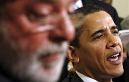 Pte.  Obama, talks with Brazil's President Luiz Inacio Lula da Silva, during their meeting in the Oval Office of the White House