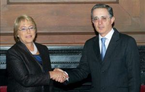 President Uribe is scheduled to visit Uruguay, Brazil and Paraguay on Thursday.