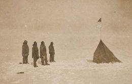 This picture is the only original photograph of polar explorer Roald Amundsen's arrival at the South Pole in 1911. Courtesy National Library of Australia.