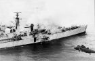 HMS Sheffield hit by the French manufactured Exocets.