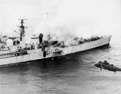 HMS Sheffield hit by the French manufactured Exocets.