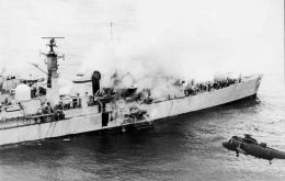 HMS Sheffield hit by the French manufactured Exocets.