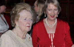  Britain’s former Prime Minister Margaret Thatcher and FIGO Representative Sukey Cameron MBE during the event. (Photo by P. Pepper)