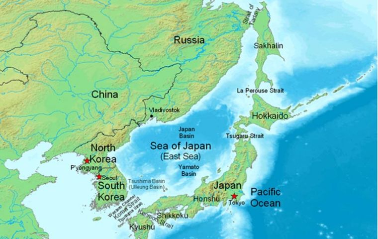  Waters between Korean peninsula and Japan are the Sea of Japan of the East Sea (Wikipedia)
