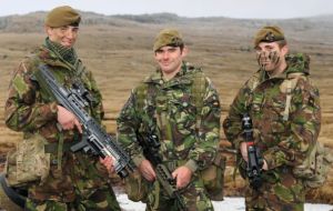 On Patrol From left, Private Dayne Robbo Roberts, Private Dean Heyes and Private Luke Wallis in the Falkland Islands (Photo: The News)