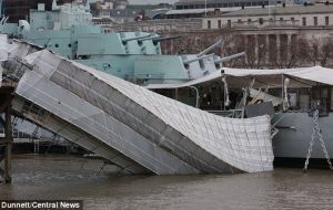 The end of the gangway attached to HMS Belfast appears to have sheared off and plunged into the river