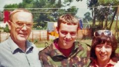 Pte Craig Jones with his parents before leaving for the Falklands 