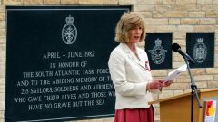 Sara Jones, the widow of Col H Jones, speaks at the new memorial commemorating the 255 British servicemen who died in the Falklands War. Credit: PA
