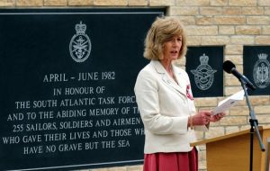 Sara Jones, the widow of Col H Jones, speaks at the new memorial commemorating the 255 British servicemen who died in the Falklands War. Credit: PA