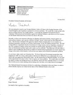 A copy of the letter addressed to President Cristina Fernandez 