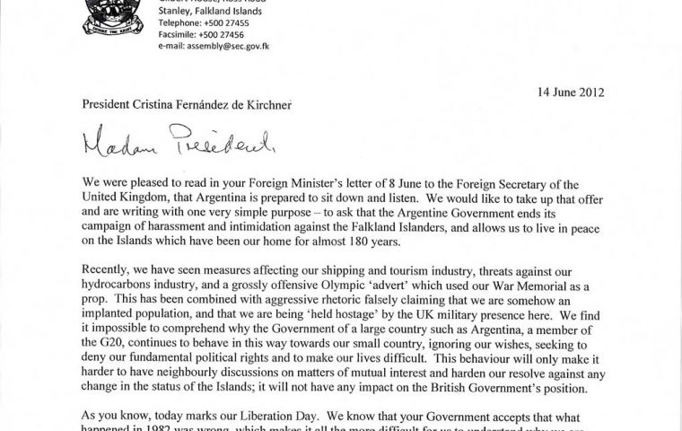 A copy of the letter addressed to President Cristina Fernandez 