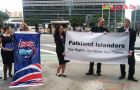Young Falkland Islanders with a banner displayed before the UN building in New York (Photo: BBC)