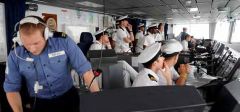The busy bridge of the HMS Dauntless on her first visit to Falklands (Photo. MPC)