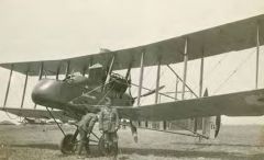A photograph is of the FE2d aircraft named Falkland, a two-seat Pusher aircraft operated as a fighter by the Royal Flying Corps during the First World War