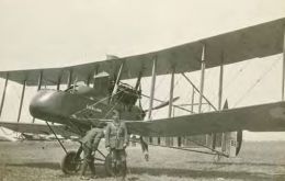 A photograph is of the FE2d aircraft named Falkland, a two-seat Pusher aircraft operated as a fighter by the Royal Flying Corps during the First World War