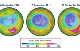 Total ozone maps for 16 September  2010, 2011 and 2012 based on data from GOME-2 on board the MetOp-A satellite. The data are processed and mapped at the Royal Netherlands Meteorological Institute (KN