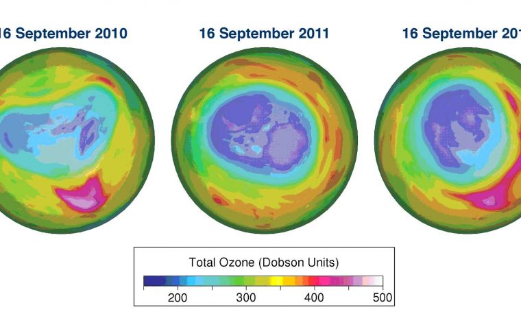 Total ozone maps for 16 September  2010, 2011 and 2012 based on data from GOME-2 on board the MetOp-A satellite. The data are processed and mapped at the Royal Netherlands Meteorological Institute (KN