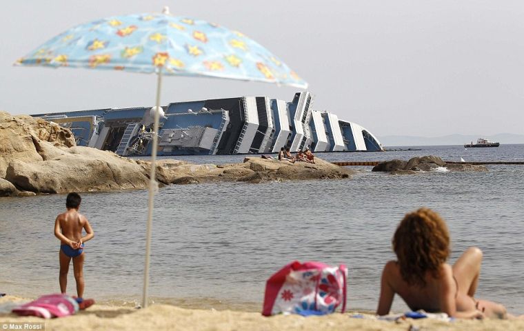 The Costa Concordia still lies next to the rocky outcrops off Giglio Island (Photo Daily Mail)