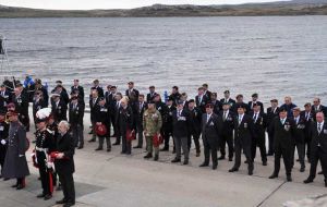 50 British veterans of the Falklands war parading at the 1982 Liberation Memorial in the presence of HRH The Duke of Kent, who was representing Her Majesty the Queen. 