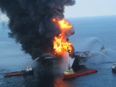The BP Deepwater Horizon oil rig ablaze. Image: U.S. Coast Guard.

