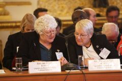 Falkland's MLA's Hon. Jan Cheek and Hon. Sharon Halford during the BOT meeting. (Photo: FCO)