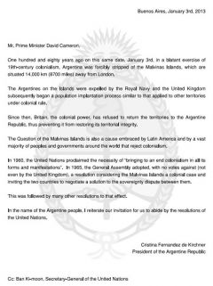 Copy of the letter from the President of Argentina, Cristina Fernandez to Prime Minister David Cameron