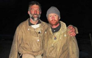 Expedition leader Tim Jarvis and mountaineer Barry Gray upon arrival in Stromness, South Georgia 