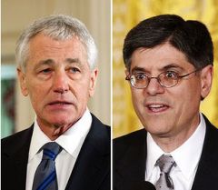 Next Treasury Secretary Lew (R) has fans among Republicans but Hagel (L) arrives at the Pentagon quite bruised