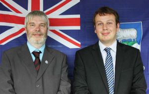 MLA Short and Stacey displaying the colours of the Falklands 