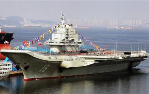 ‘Liaoning’ is China’s first carrier and was built around a Soviet-era hull; it began trials at sea last year. 
