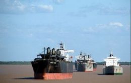 Tens of ships lined up along the Parana and River Place waiting to load 