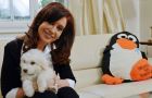 Cristina Fernandez holding the pup Simon, a gift from Hugo Chavez brother Adan and next to a giant penguin sent by a well wisher