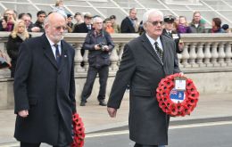 FIA Chairman Alan Huckle, a former governor of the Falklands, and MLA Roger Edwards lay the wreaths for the Association and the Falkland Islands Government