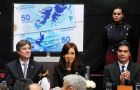 The Argentine president during her 30 minute speech at Malvinas Hall next to her full cabinet
