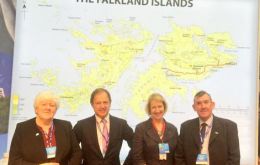 MLA Jan Cheek, Hugo Swire, FIG's representative Sukey Cameron and MLA Ian Hansen at the Falklands stand in the Tories conference in Birmingham   