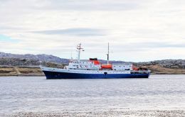 'Ushuaia' in anchored in Stanley. She was the first vessel of the 2014/15 season. 'Sea Adventurer' is scheduled for Wednesday (Pic J. Pompert)