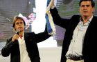 The Colorado party lider next to Lacalle Pou (L) announcing he would support the National party in the November runoff.