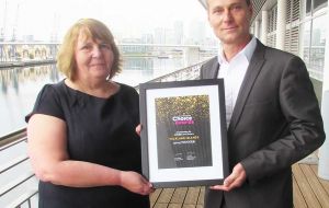 Tony Mason, Managing Director and Stephanie Middleton, Manager of Tourism Operations with the award for Best Destination for wildlife and nature.