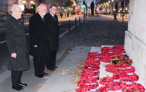 The many wreaths are finally laid at the Cenotaph by the Falkland Islands Association