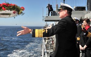 HMS Dragon with the First Sea Lord onboard, laid a wreath and conducted a  commemoration service at sea to mark the 100th anniversary of the Battle of Coronel.