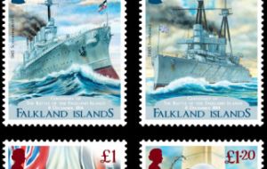 The stamps, four in total, include vivid colorful depictions of HMS Glasgow as well as an image of a sailor representative of the day.