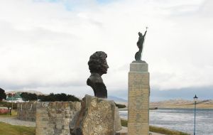 A profile of the 'sentinel' statue with the 1982 Falklands Liberation Monument in the background (Pic by N. Bonner)