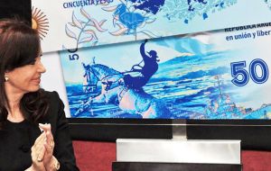 President Cristina Fernandez during the announcement of the new 50-Peso bill which was officially launched in March 