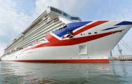 Britannia embraces a bold 94 meter Union Flag on her bow displaying the longest version of the Flag anywhere in the world