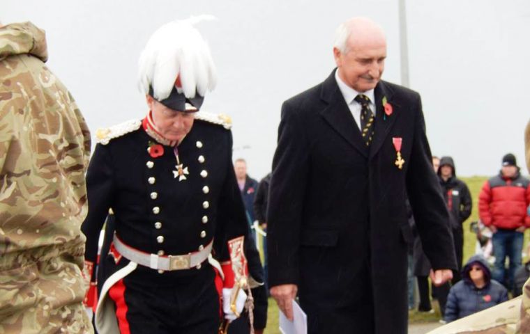 Governor Colin Roberts, and MLA Mike Summers on behalf of the Falkland Islands government laid wreaths at the Cross of Sacrifice 