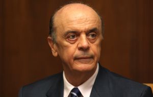 Senator Jose Serra, former presidential candidate and a leader of the opposition PSDB was tossed the glass of wine in the face 